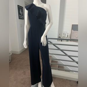 Antonio Melani  NAVY jumpsuit Women’s dressy one shoulder ruffle wide leg SIZE 8